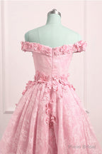 Lovely Lace Off Shoulder Pink Homecoming Dress, High Low Formal Dress