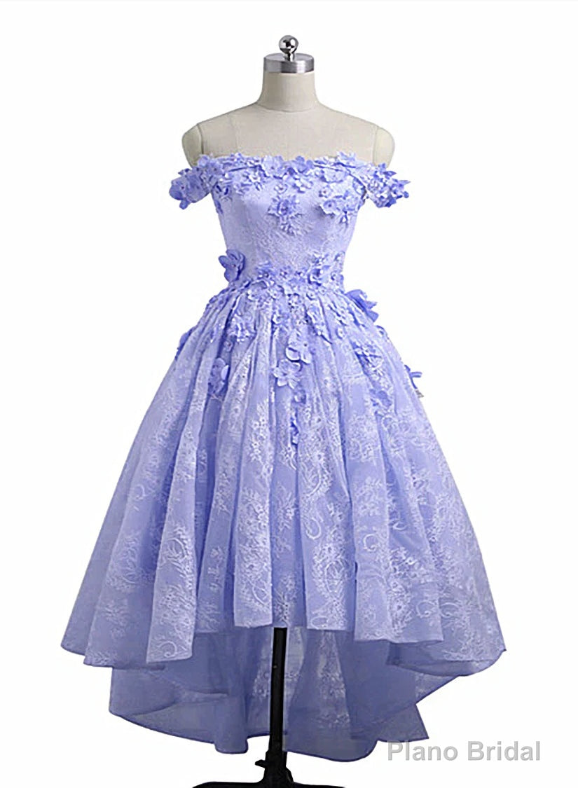 Lovely Lavender High Low Lace Party Dress, Cute Off Shoulder Prom Dress Main image
