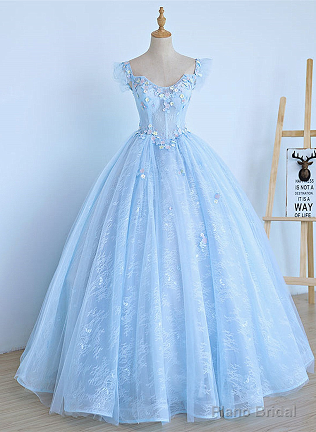 Lovely Light Blue Lace Cap Sleeve Sweet 16 Prom Dress, Evening Dress Secondary image