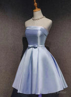 Lovely Light Blue Satin Knee Length Homecoming Dress, Blue Short Party Dress