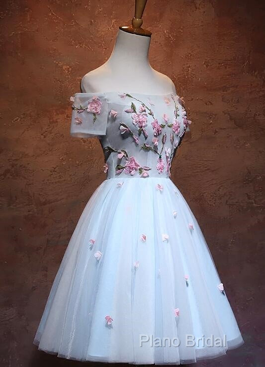 Lovely Light Blue Tulle Knee Length Homecoming Dresses, Cute Floral Party Dresses Secondary image