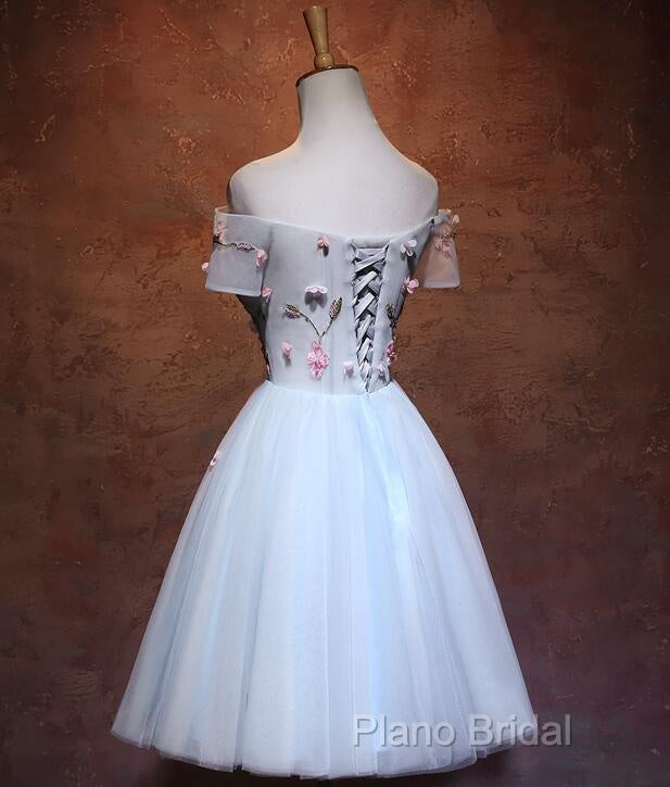 Lovely Light Blue Tulle Knee Length Homecoming Dresses, Cute Floral Party Dresses