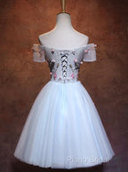 Lovely Light Blue Tulle Knee Length Homecoming Dresses, Cute Floral Party Dresses