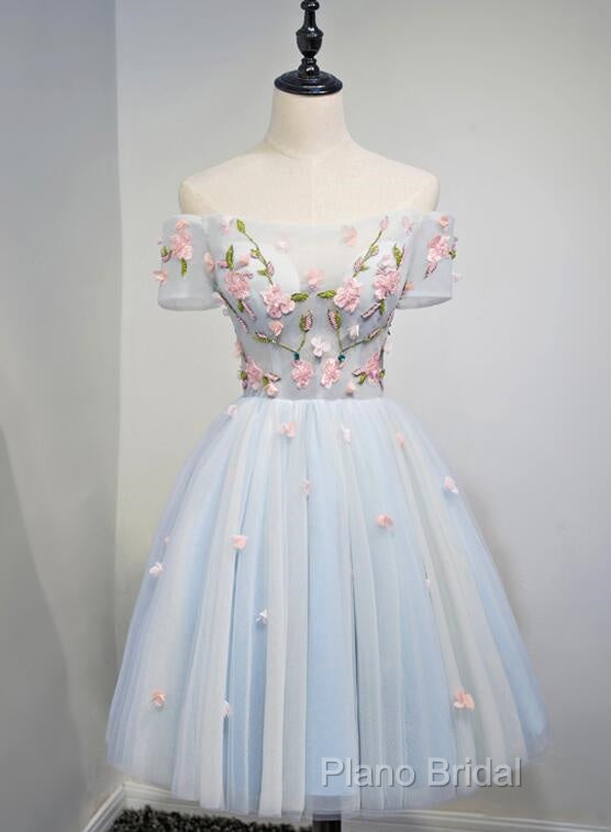 Lovely Light Blue Tulle Knee Length Homecoming Dresses, Cute Floral Party Dresses