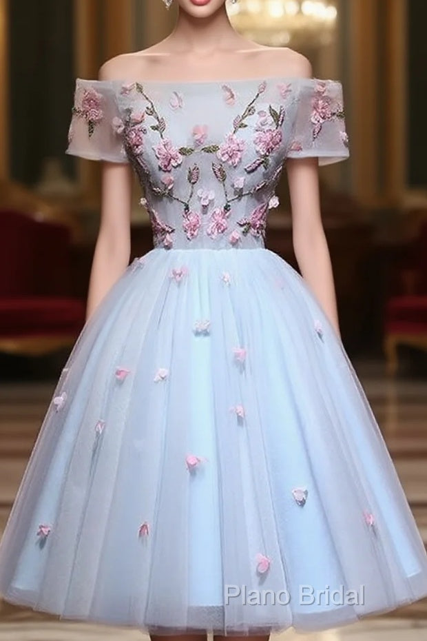 Lovely Light Blue Tulle Knee Length Homecoming Dresses, Cute Floral Party Dresses Main image