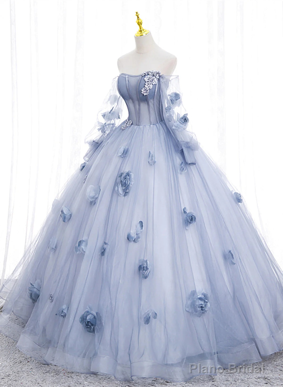 Lovely Light Blue Tulle Long Sleeves Sweet 16 Dress, Light Blue Flowers Formal Dress. Main image
