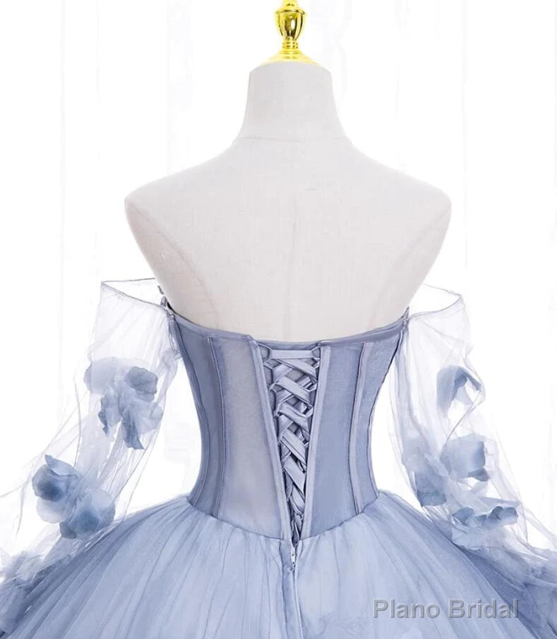 Lovely Light Blue Tulle Long Sleeves Sweet 16 Dress, Light Blue Flowers Formal Dress.