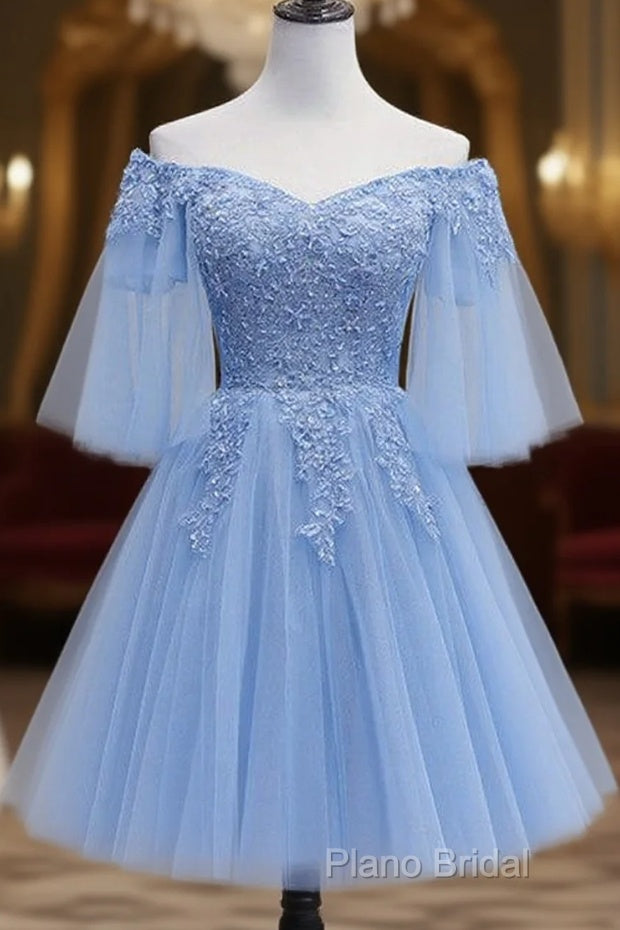 Lovely Light Blue With Lace Off Shoulder Short Formal Prom Dresses, Blue Homecoming Dresses Main image