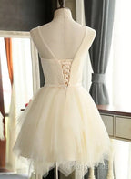 Lovely Light Champagne Short Tulle Party Dresses, Cute Formal Prom Dresses, Homecoming Dresses For Teens