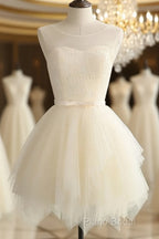 Lovely Light Champagne Short Tulle Party Dresses, Cute Formal Prom Dresses, Homecoming Dresses For Teens
