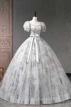 Lovely Light Grey Tulle Sequins Long Formal Prom Dresses, A-Line Grey Formal Party Dresses
