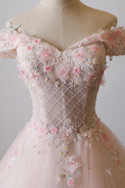 Lovely Light Pink Sweetheart Flowers Tulle Party Dresses, Pink Formal Prom Dresses Secondary image