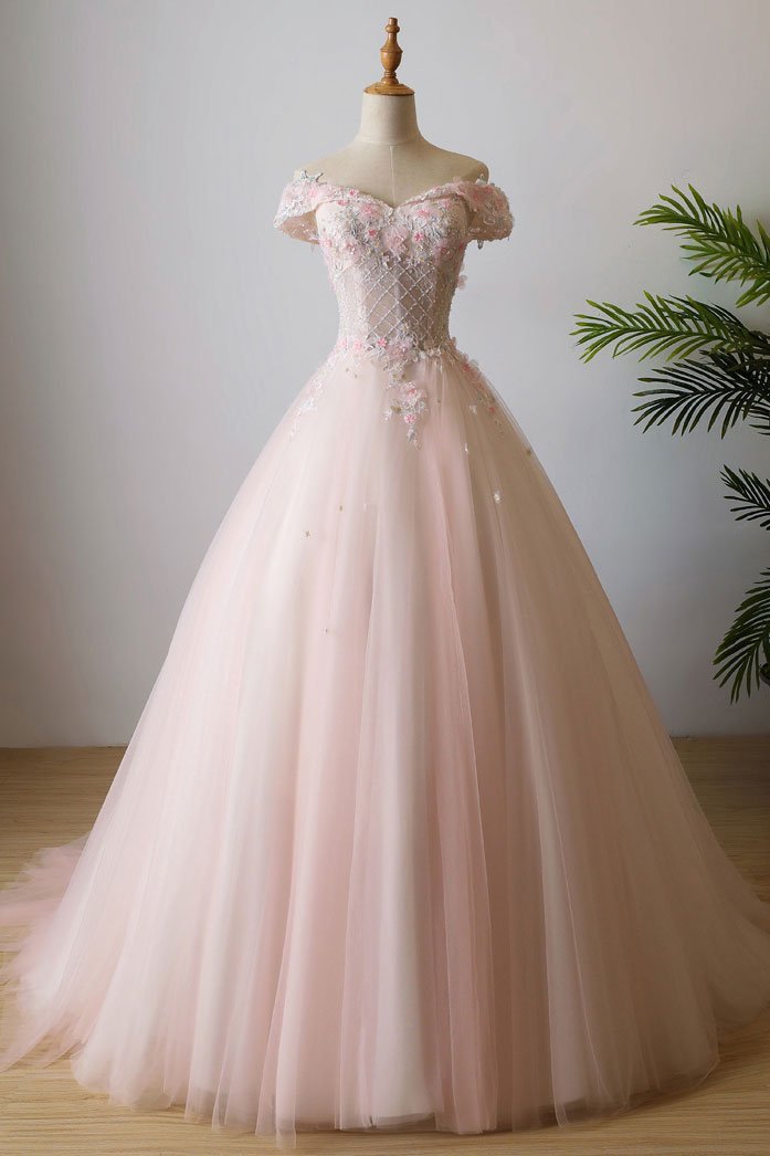 Lovely Light Pink Sweetheart Flowers Tulle Party Dresses, Pink Formal Prom Dresses