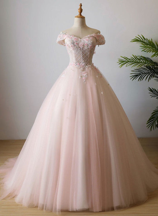 Lovely Light Pink Sweetheart Flowers Tulle Party Dresses, Pink Formal Prom Dresses Main image
