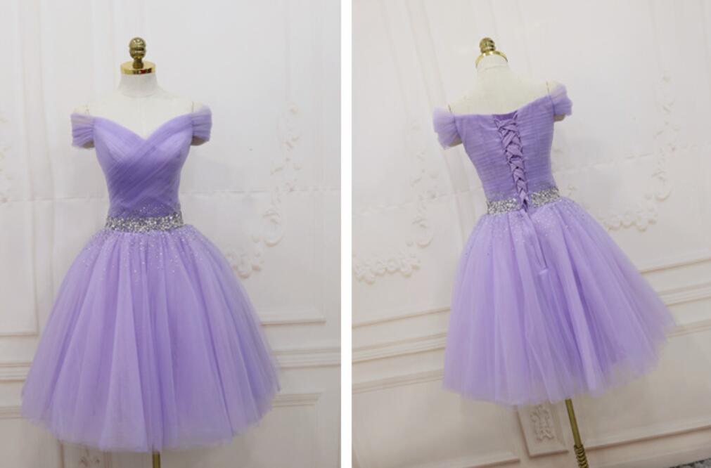 Lovely Light Purple Beaded Short Party Dresses, Off Shoulder Homecoming Dresses Secondary image