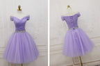 Lovely Light Purple Beaded Short Party Dresses, Off Shoulder Homecoming Dresses