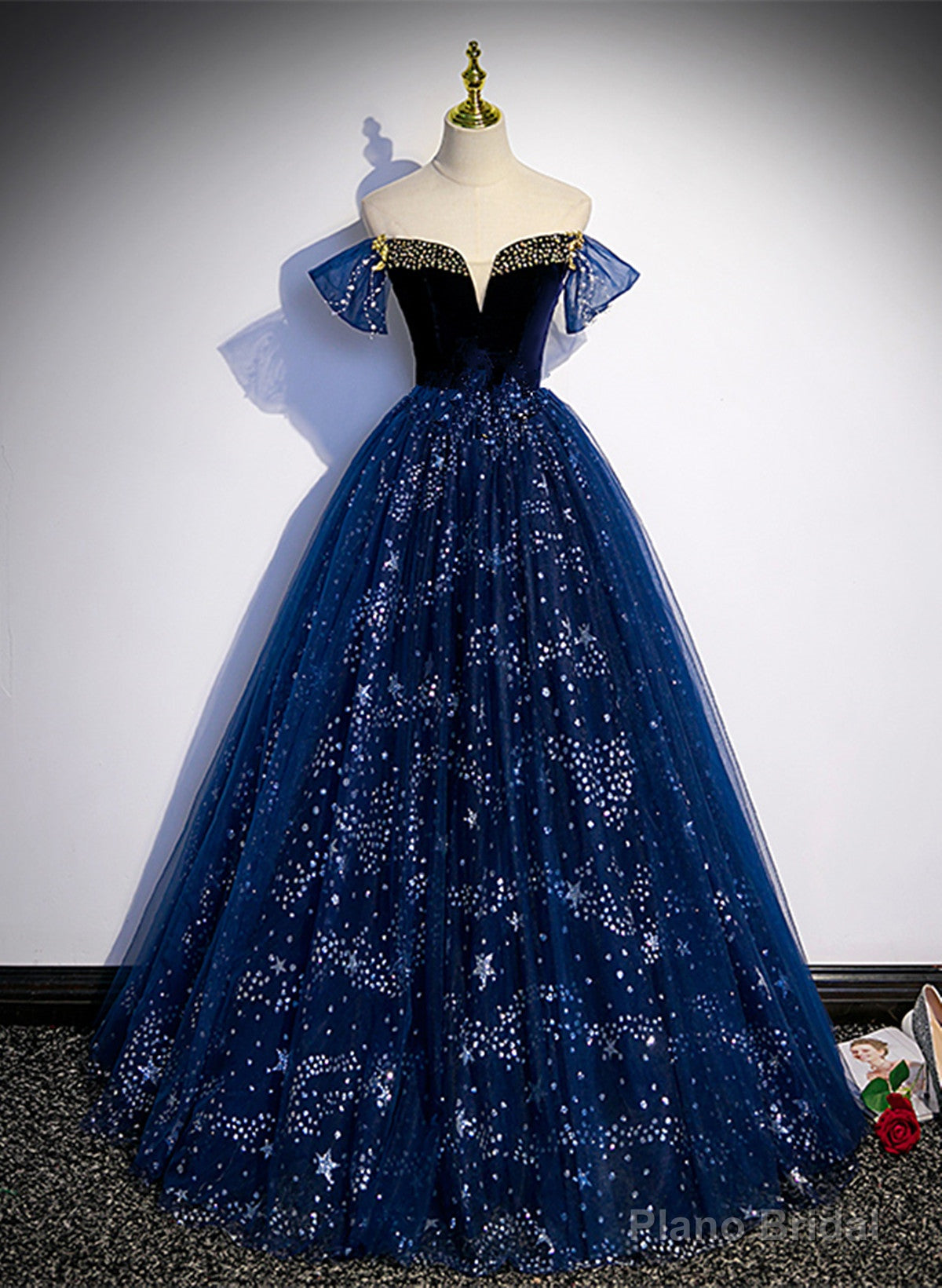 Lovely Navy Blue Tulle Off Shoulder Beaded Long Party Dress, Navy Blue Tulle Prom Dress Main image