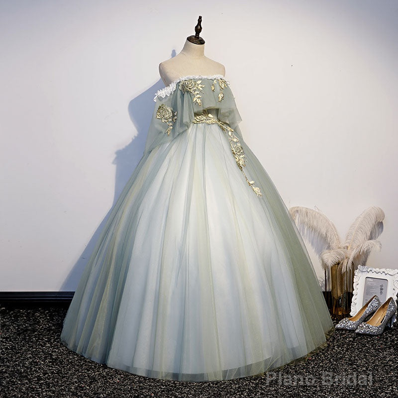 Lovely Off Shoulder Light Green Ball Gown Sweet 16 Dress, Charming Lace Long Formal Dress Main image