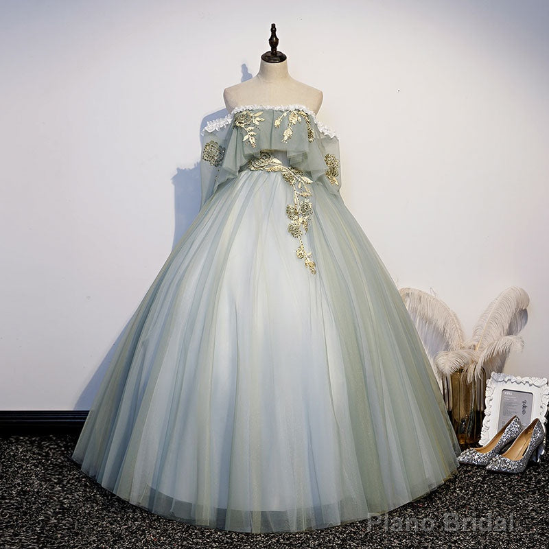 Lovely Off Shoulder Light Green Ball Gown Sweet 16 Dress, Charming Lace Long Formal Dress