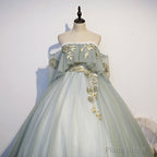 Lovely Off Shoulder Light Green Ball Gown Sweet 16 Dress, Charming Lace Long Formal Dress