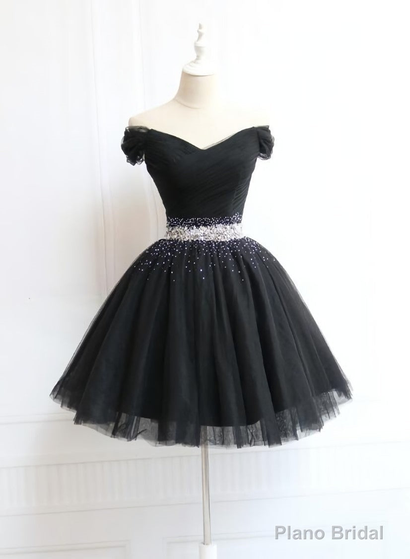 Lovely Off Shoulder Navy Blue Beaded Homecoming Dress, Short Prom Dress Main image