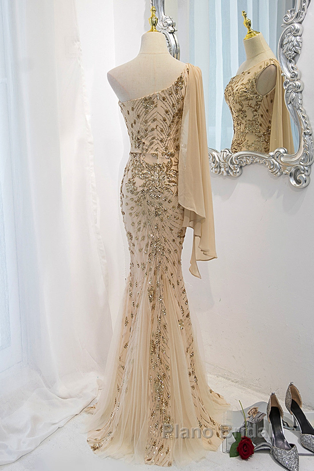 Lovely One Shoulder Champagne Sequins Mermaid Formal Prom Dresses, Champagne Evening Dresses