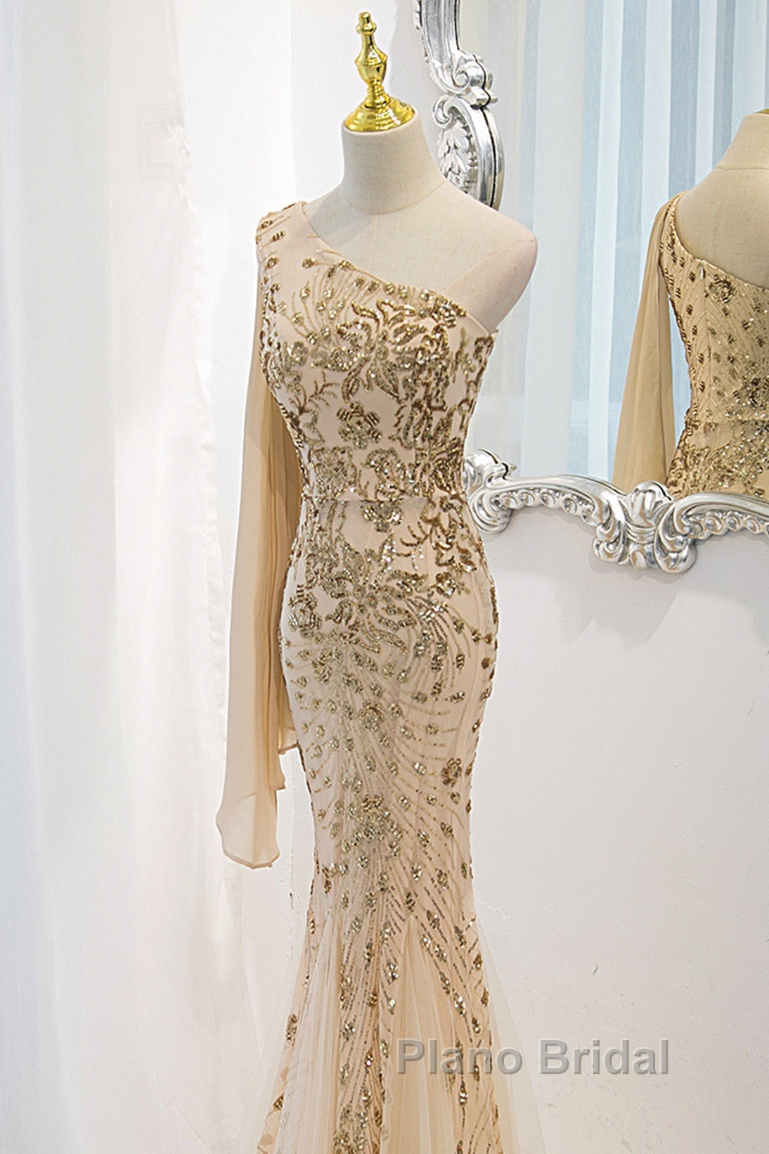 Lovely One Shoulder Champagne Sequins Mermaid Formal Prom Dresses, Champagne Evening Dresses