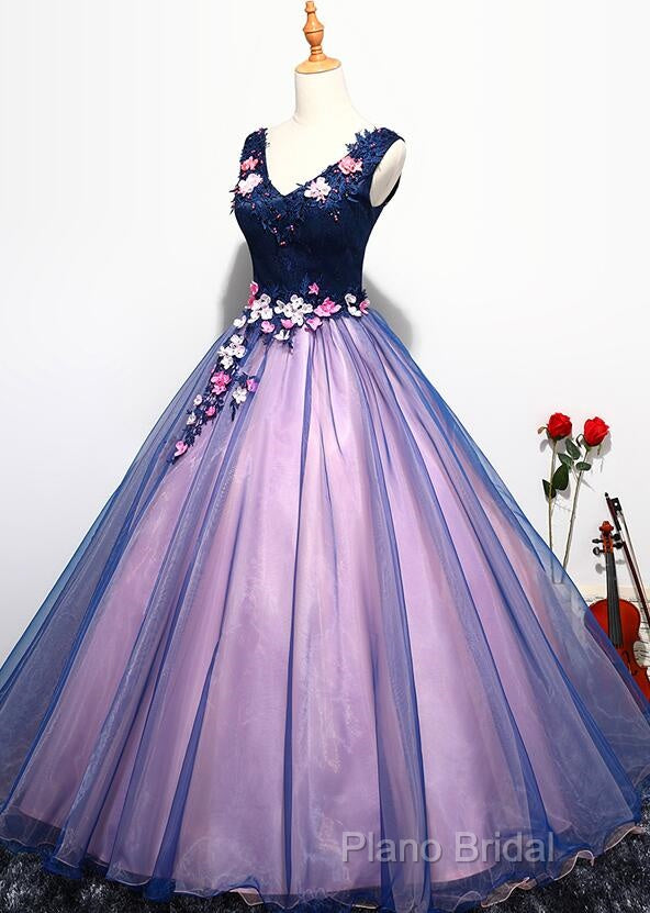 Lovely Organza Pink And Blue Flowers Sweet 16 Gown, Long Formal Gown Secondary image