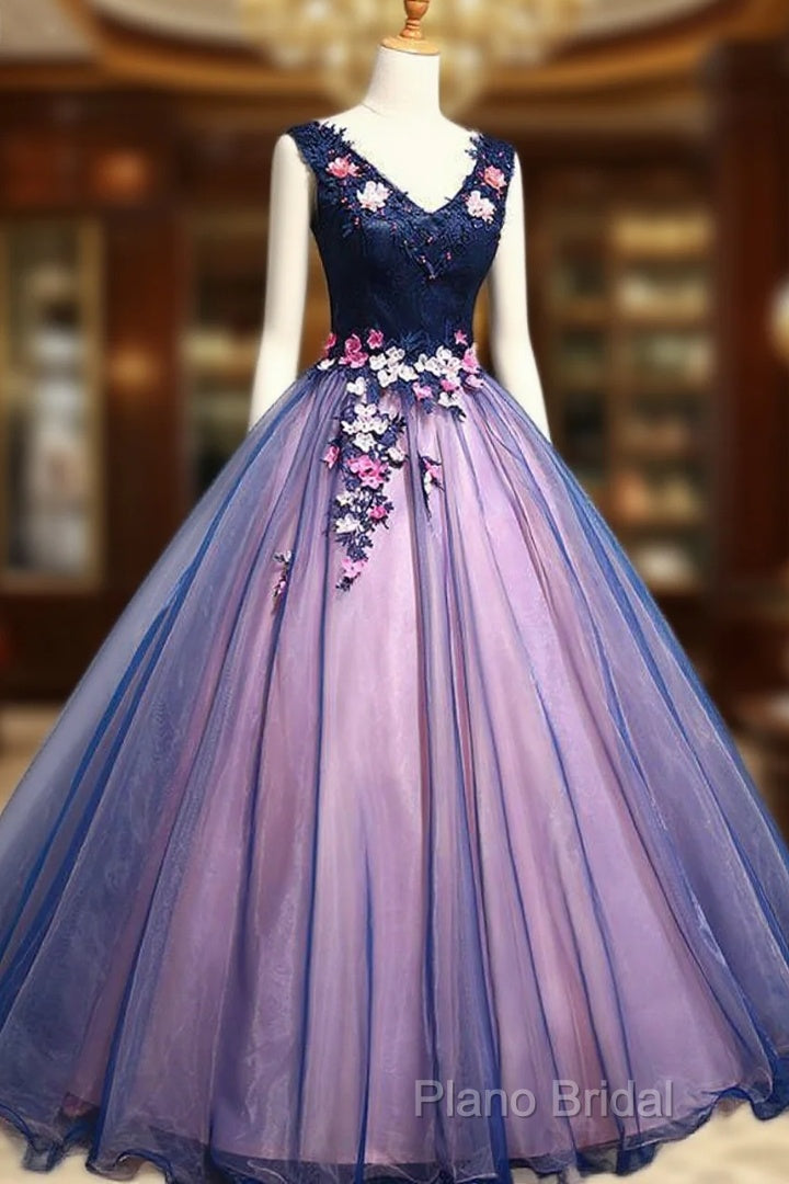 Lovely Organza Pink And Blue Flowers Sweet 16 Gown, Long Formal Gown Main image