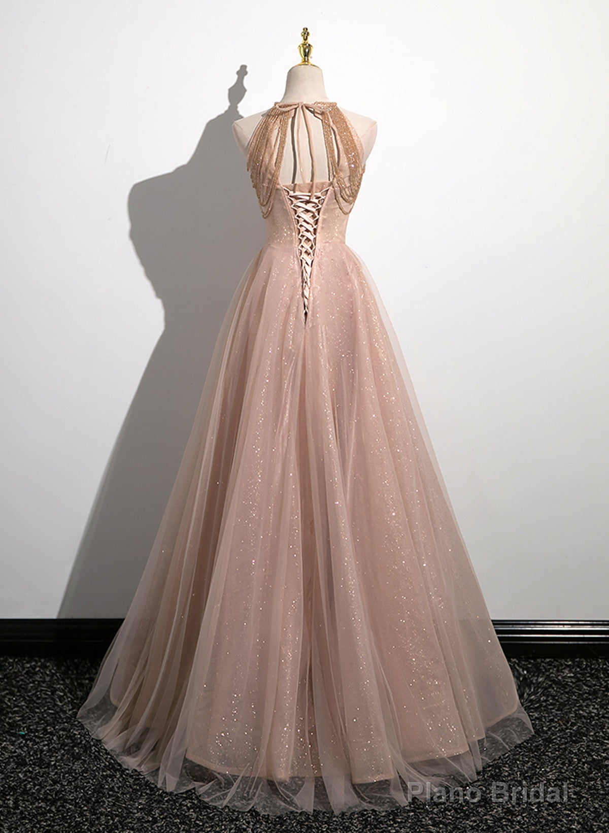 Lovely Pearl Pink Halter Tulle with Lace Applique Party Dress, A-line Tulle Long Prom Dress