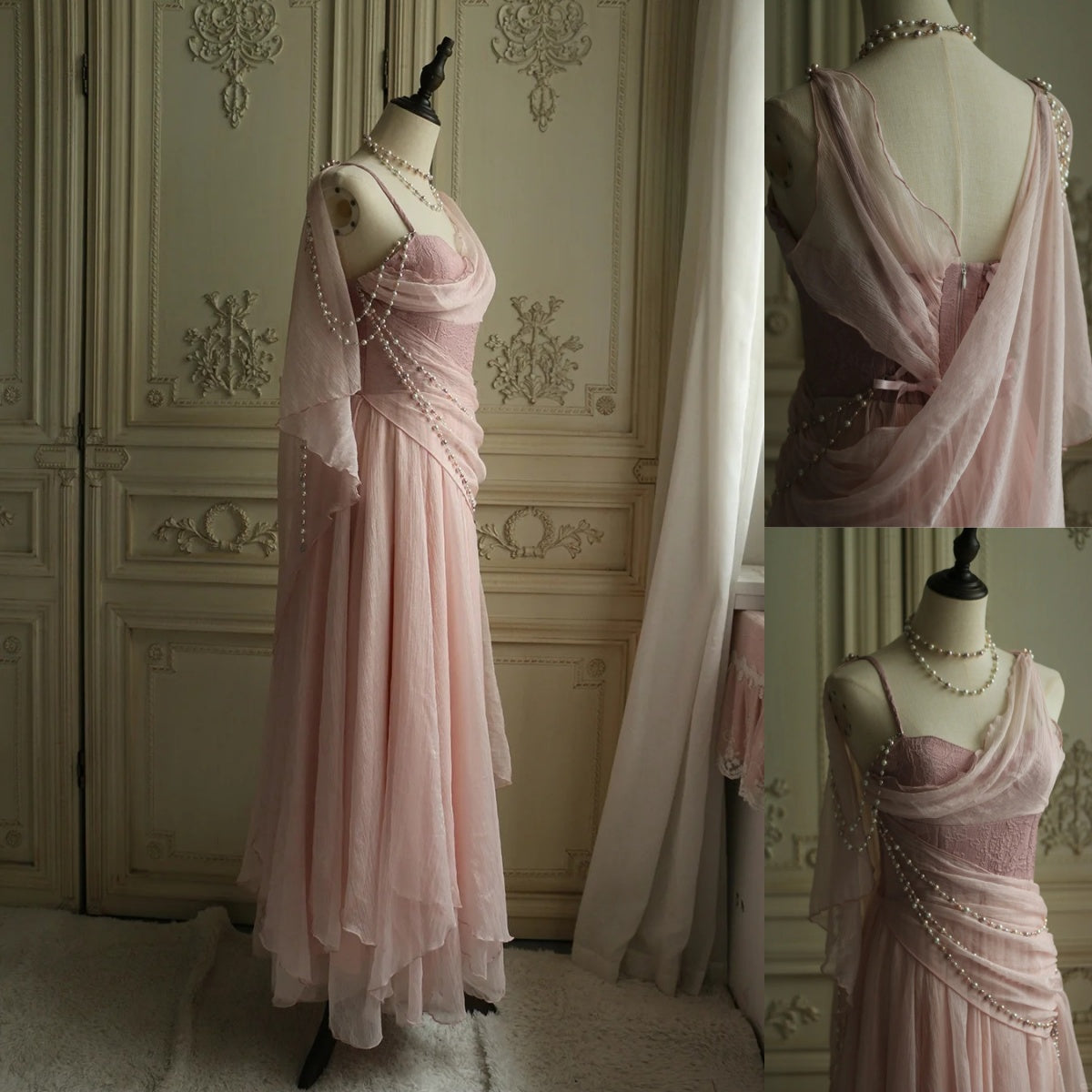 Affordable Formal Prom Dresses Under $165||Lovely Pink Chiffon Formal Prom Dresses Princess Pearls Spaghetti Straps Formal Evening Dresses Secondary image