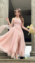 Affordable Formal Prom Dresses Under $165||Lovely Pink Chiffon Formal Prom Dresses Princess Pearls Spaghetti Straps Formal Evening Dresses