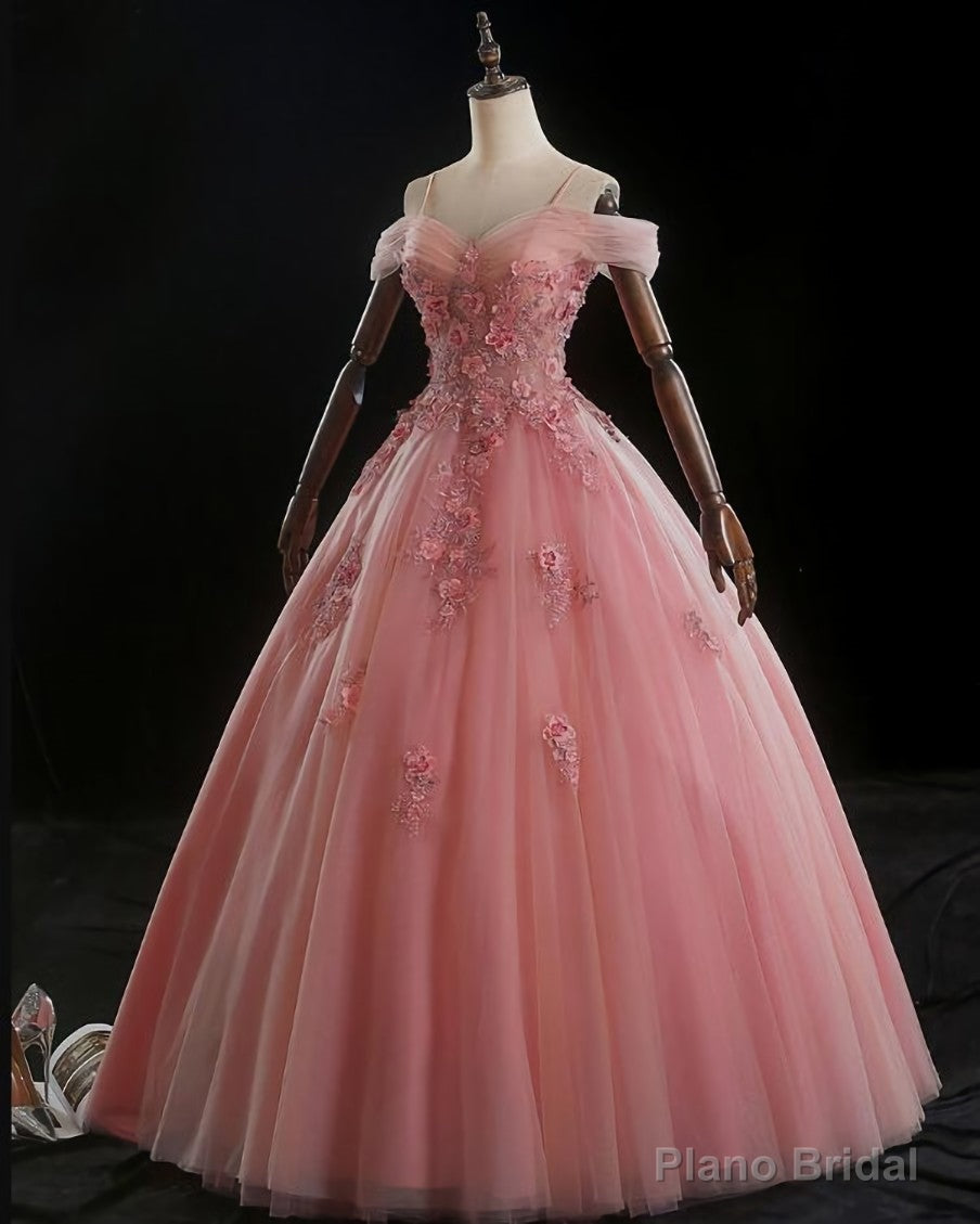 Lovely Pink Floral Tulle Off Shoulder Flowers Princess Gown, Pink Sweet 16 Formal Dresses Secondary image