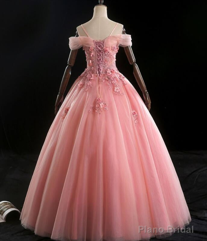 Lovely Pink Floral Tulle Off Shoulder Flowers Princess Gown, Pink Sweet 16 Formal Dresses Main image