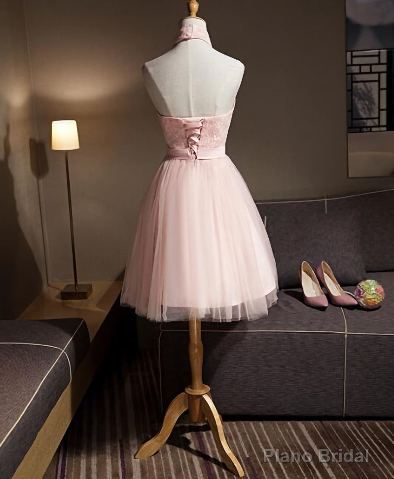 Lovely Pink Halter Tulle Flowers Short Prom Dress Homecoming Dress, Pink Graduation Dresses Party Dresses Secondary image