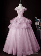 Lovely Pink Off Shoulder Long Formal Dress, Pink Sweet 16 Formal Dress Prom Dress