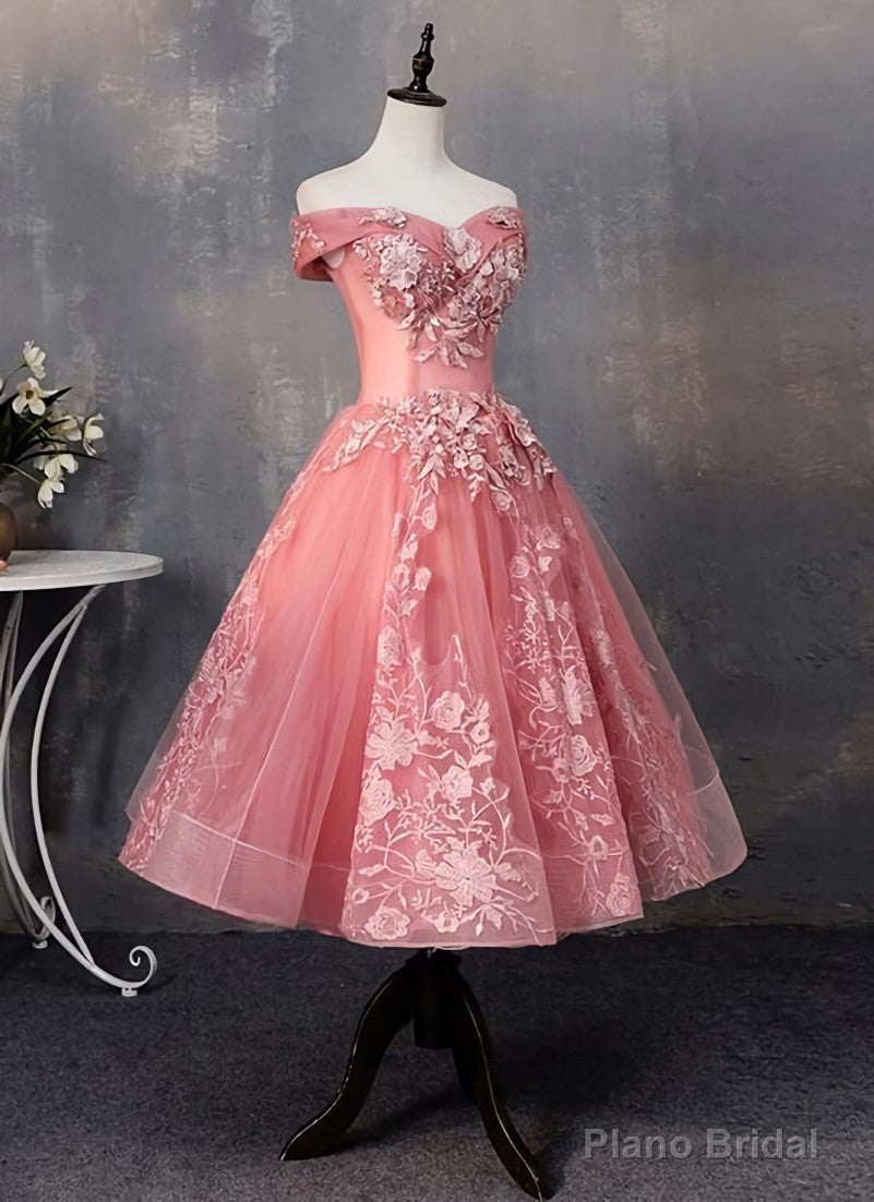 Lovely Pink Off Shoulder Party Dress, Lace Applique Prom Dress Secondary image