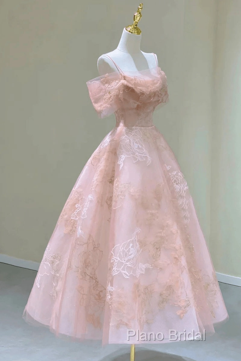 Lovely Pink Tea Length Straps Tulle Formal Dresses, Pink Tea Length Formal Prom Dresses Secondary image