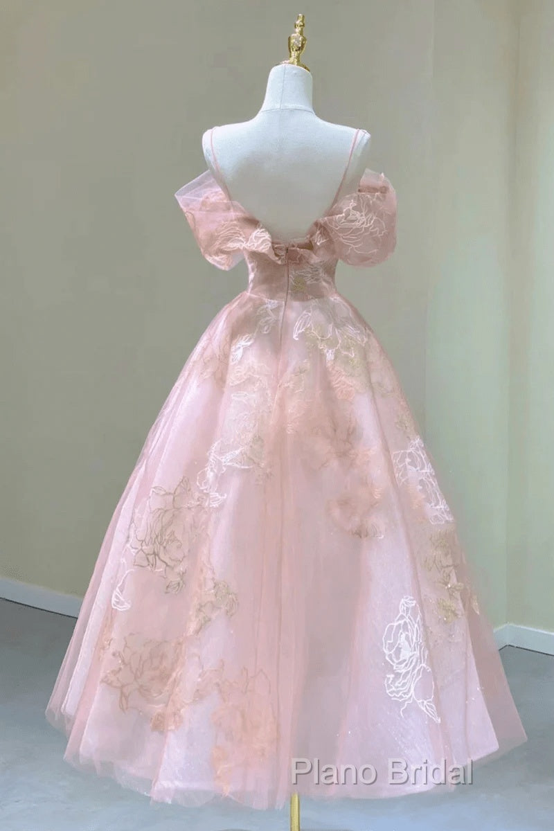 Lovely Pink Tea Length Straps Tulle Formal Dresses, Pink Tea Length Formal Prom Dresses