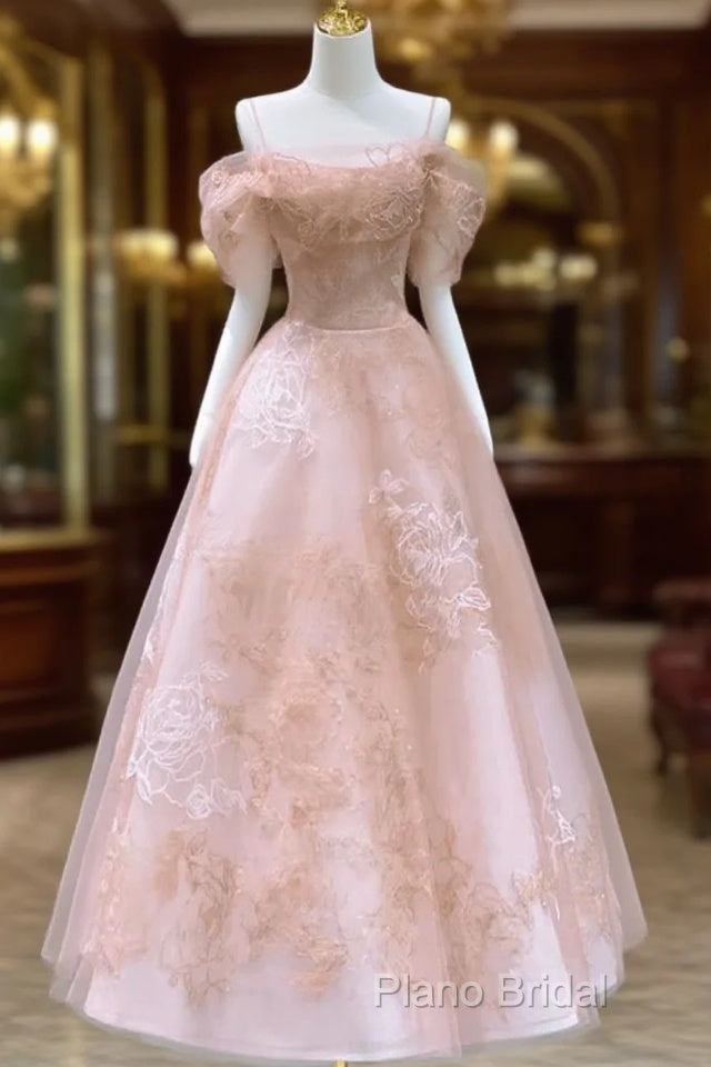Lovely Pink Tea Length Straps Tulle Formal Dresses, Pink Tea Length Formal Prom Dresses Main image