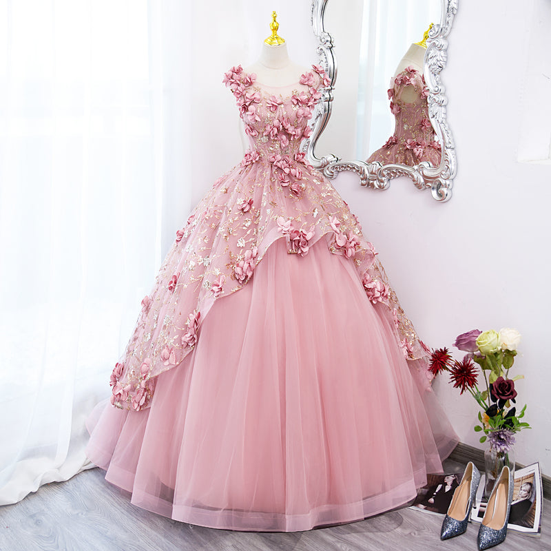 Lovely Pink Tulle Long Party Dresses With Flowers, Pink Tulle Sweet 16 Gown Secondary image