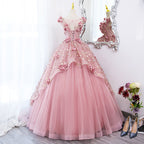 Lovely Pink Tulle Long Party Dresses With Flowers, Pink Tulle Sweet 16 Gown