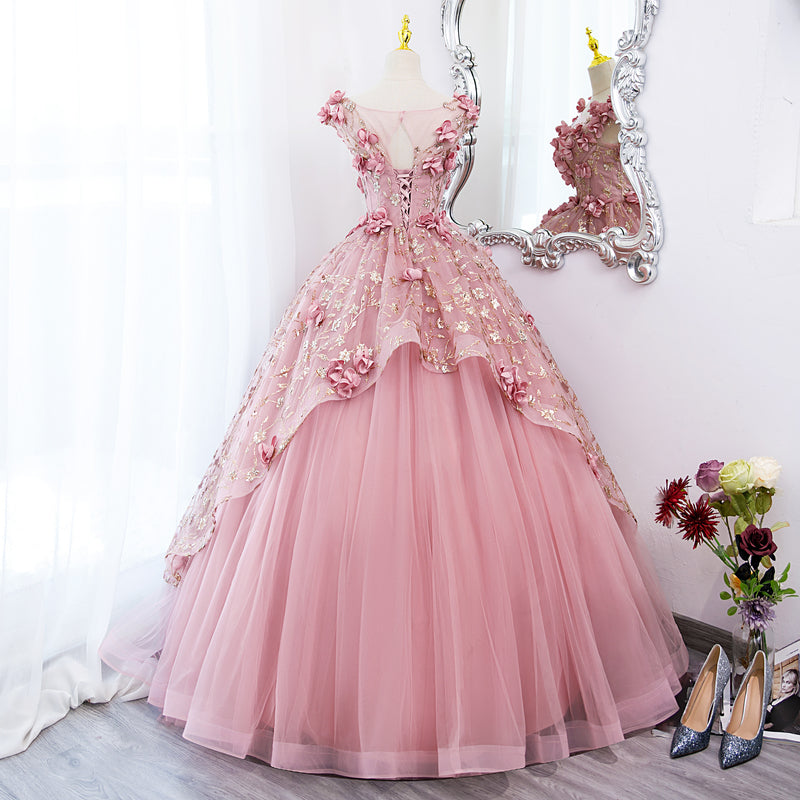 Lovely Pink Tulle Long Party Dresses With Flowers, Pink Tulle Sweet 16 Gown