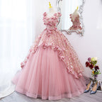 Lovely Pink Tulle Long Party Dresses With Flowers, Pink Tulle Sweet 16 Gown