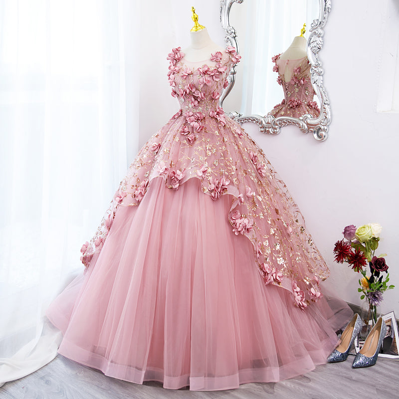 Lovely Pink Tulle Long Party Dresses With Flowers, Pink Tulle Sweet 16 Gown