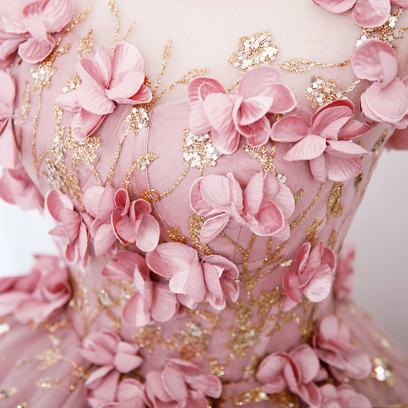 Lovely Pink Tulle Long Party Dresses With Flowers, Pink Tulle Sweet 16 Gown