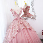 Lovely Pink Tulle Long Party Dresses With Flowers, Pink Tulle Sweet 16 Gown