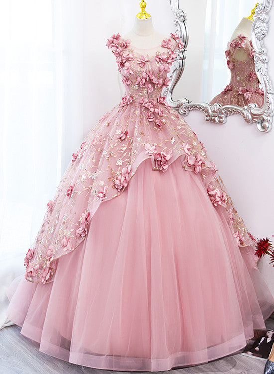 Lovely Pink Tulle Long Party Dresses With Flowers, Pink Tulle Sweet 16 Gown Main image