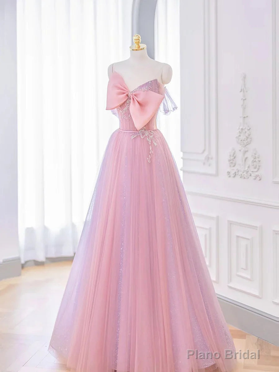 Lovely Pink Tulle Long Prom Dress with Bow Pink Formal Dresses prom dresses shops Main image