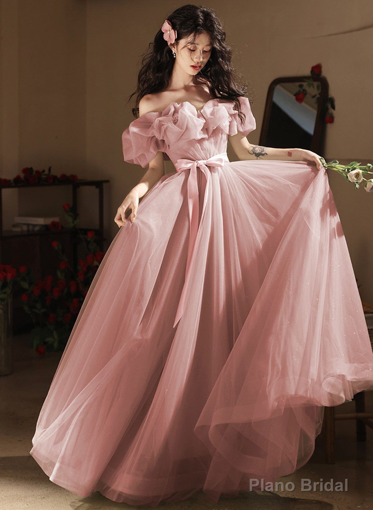 Lovely Pink Tulle Off Shoulder A-line Party Dress, Pink Tulle Long Prom Dress Main image